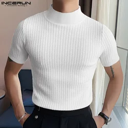 2023 Men T Shirt Solid Color Turtleneck Short Sleeve Men Clothing Fitness Streetwear Korean Style Casual Tee Tops S-5XL INCERUN