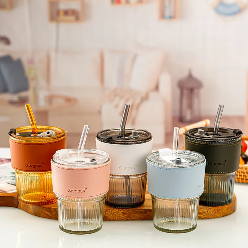 New style with lid vertical pattern bamboo cup high-looking straw glass cup internet celebrity gift Cup office coffee cup Water