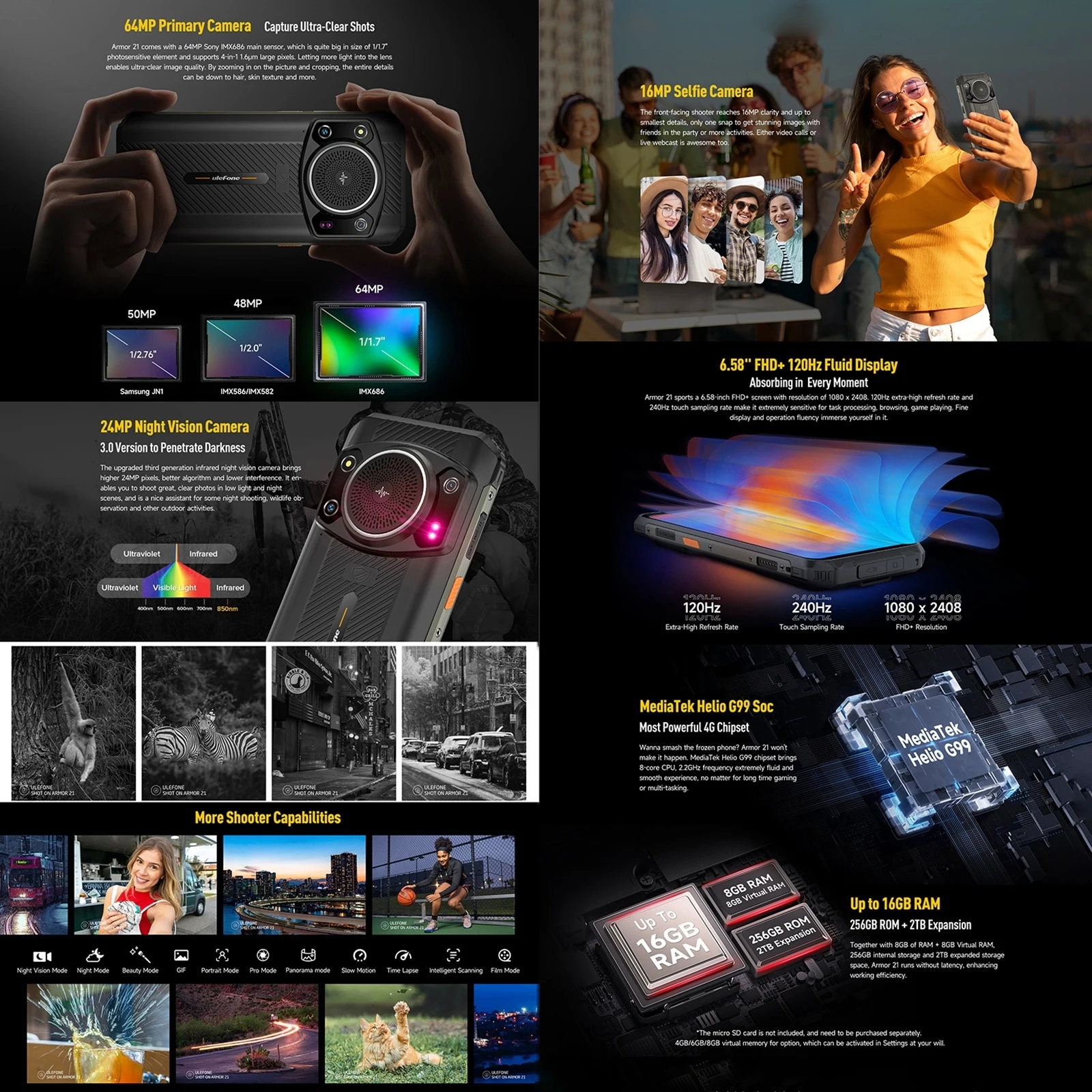 Ulefone Armor 21 8GB + 256GB هاتف متين للرؤية الليلية 9600mAh 6.58 بوصة أندرويد 13 Helio G99 NFC 4G الهاتف الذكي الإصدار العالمي