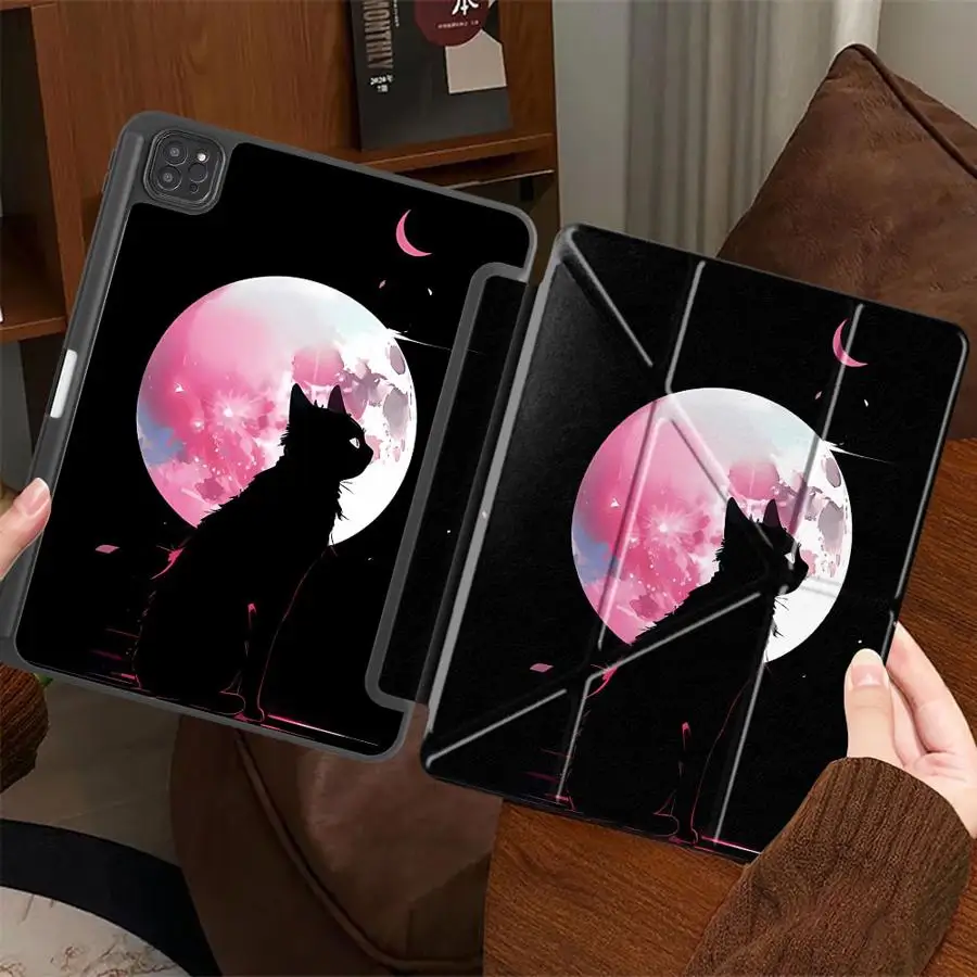 

Чехол-подставка для планшетов iPad Pro 11-го, 10-го, 9-го, 8-го, 7-го поколений, 12.9 дюймов, Air 4, 5, M3, M2, M4, 11 дюймов, Mini 6, 7, Pro 2025 с мультяшным дизайном «Луна и Кот»