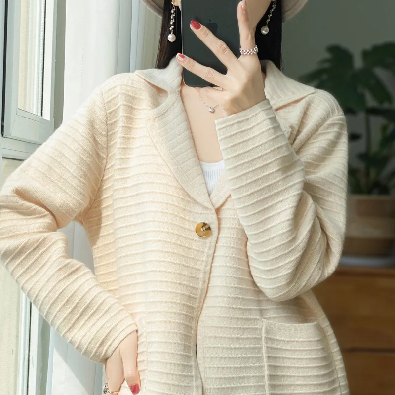 

Loose 100% Wool Knitted Cardigan Women's Polo Sweater Solid Color Knitted Long Sleeve New Hot Selling Cardigan Women's Sweater