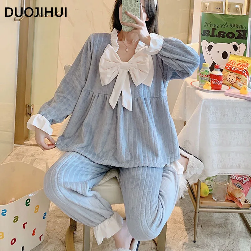 DUOJIHUI-Conjunto de pijama de flanela grossa feminino, pijama solto quente, cor pura, arco branco doce chicly, moda casual em casa, novo