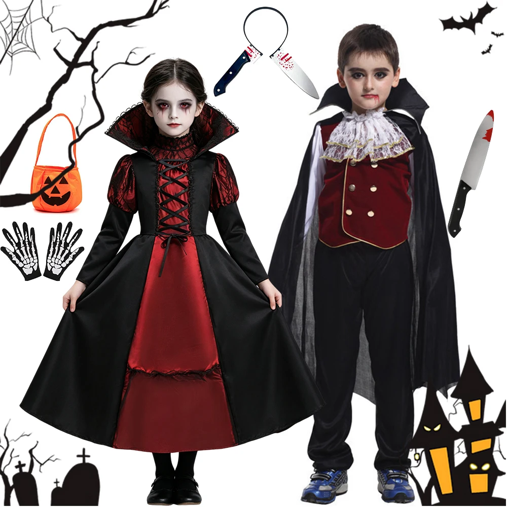 Kids Vampire Ghost Bride Cosplay Costume for Girls Evil Terror Vampire Fancy Dress Outfit Halloween Carnival Theme Party Clothes