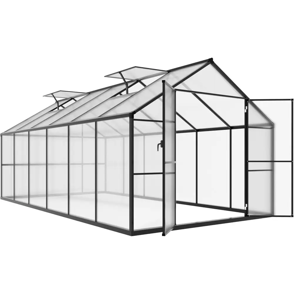 8x12ft Outdoor Greenhouse with 2 Vents, Durable Polycarbonate Cover, Walk-in Garden Greenhouse, Gray