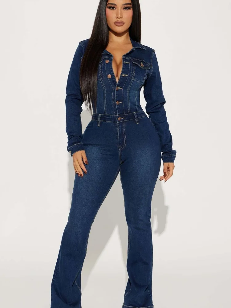 

Wmstar Jumpsuits Rompers Women Wholesale Fitted Elastic Flared Flared Washable Long Sleeved Denim One Piece Summer 2025