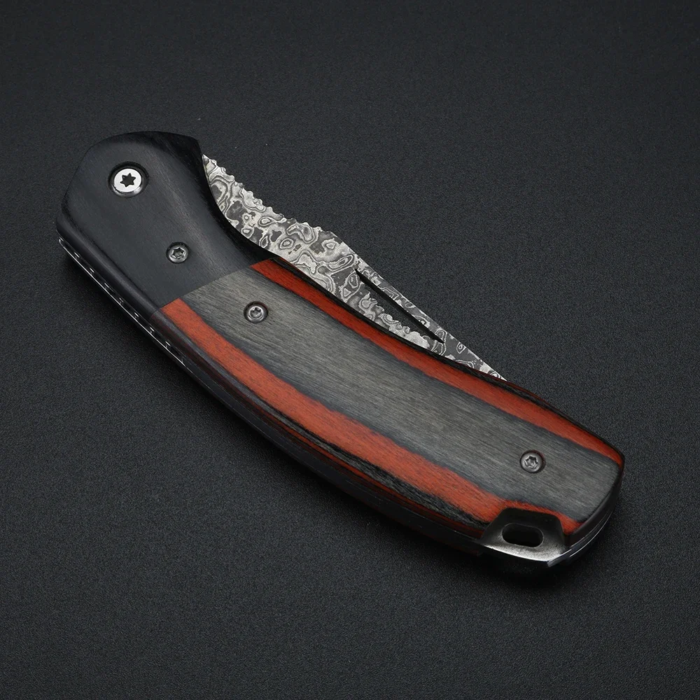 TUPI Damascus Laser Pattern Small Knife Hollow Handle Outdoor Camping Hunting Knife Survival Knife