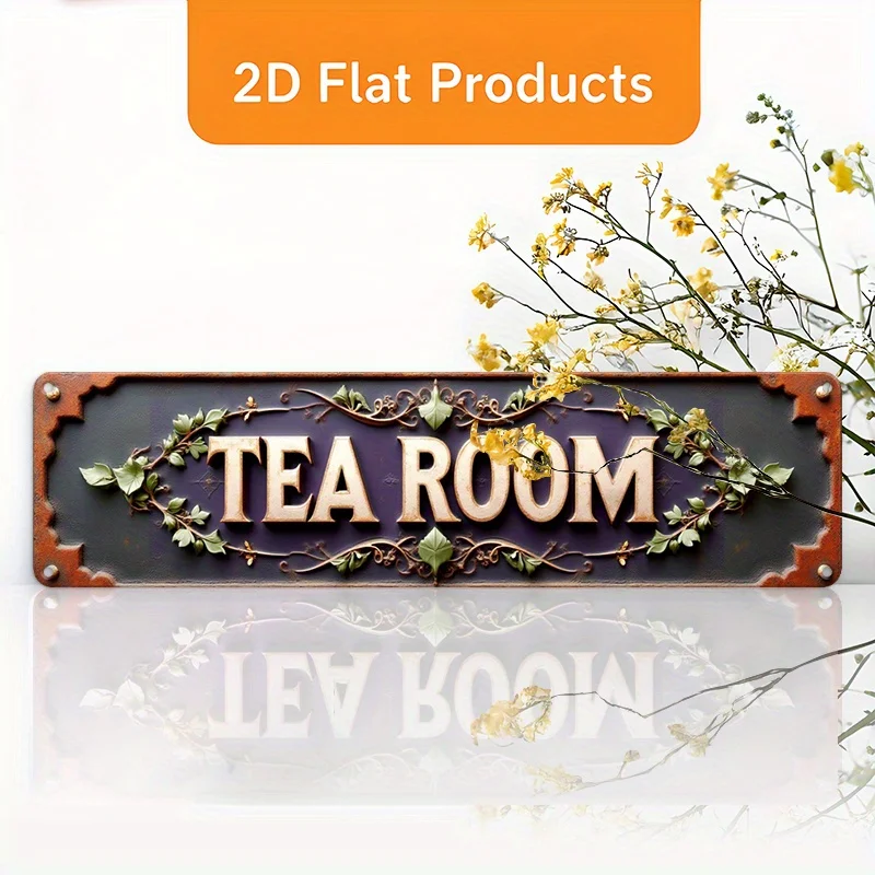 لافتة حائط معدنية مسطحة ثنائية الأبعاد لغرفة الشاي العتيقة - ديكور متجر الشاي مع أوراق مزخرفة وحواف كرمة - حروف شاي بني داكن وذهبي