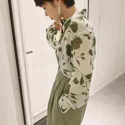 Women's Shirt Blouses Top Spring Summer Clothing Oversize Long Sleeve Cardigan Chiffon Green Floral Print Plaid Beach Office