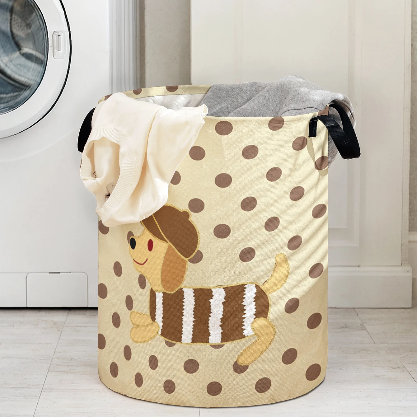 Cute Dachshund Dog Polka Dot Print Foldable Large Capacity Storage Bucket, Children's Toy and Clothing Storage, Home Bathroom