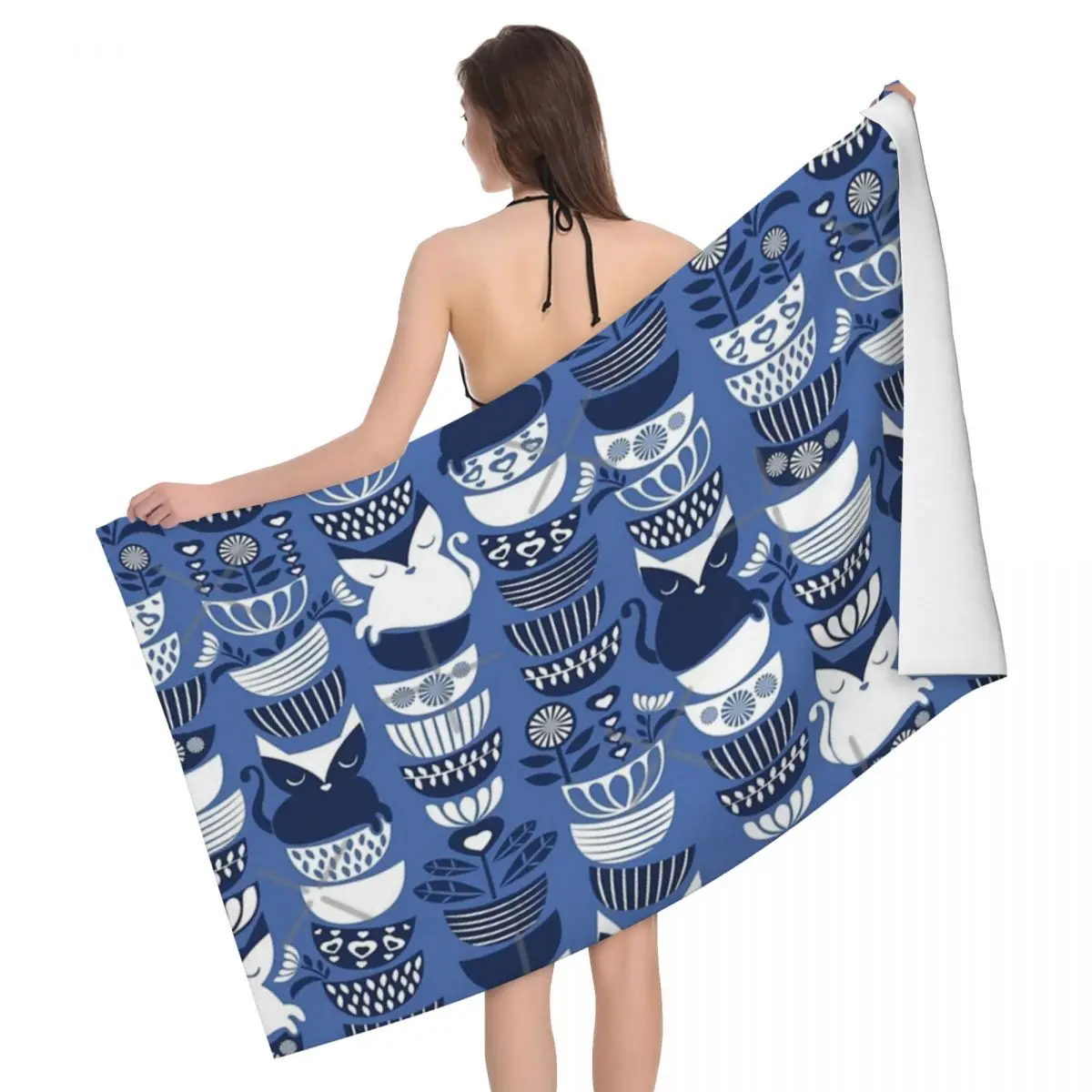 

Swedish Folk Cats I Indigo Blue 80x130cm Bath Towel Microfibre Fabrics For Travelling Souvenir Gift