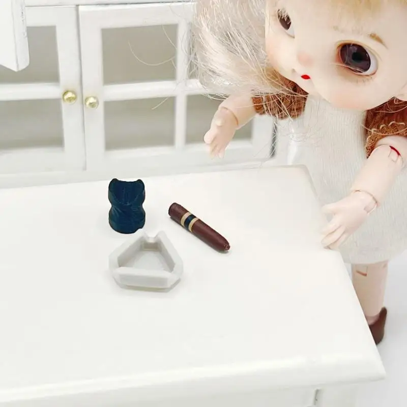 1 Set Mini Cigarette Ornament Pretend Play Toys 1/12 Dollhouse Simulation Cigar Ashtray Kit Model Dolls House Decor Accessories