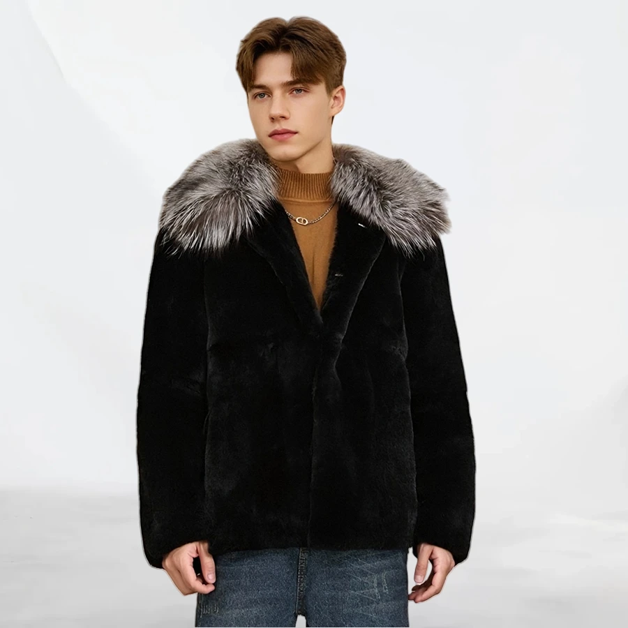 Real Rabbit Fur Coat With Silver Fox Fur Collar Men's Winter Fur Jacket Bomber Jacket Fashion Winter Warm Furry Jacket