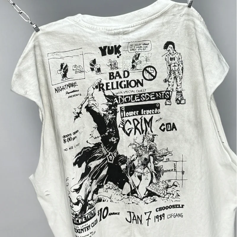 Band Printed Saint Tank Tops Wasteland Style Ripped Hole Washed Do Old Vest Casual Sleeveless Men's Women's T-shirt