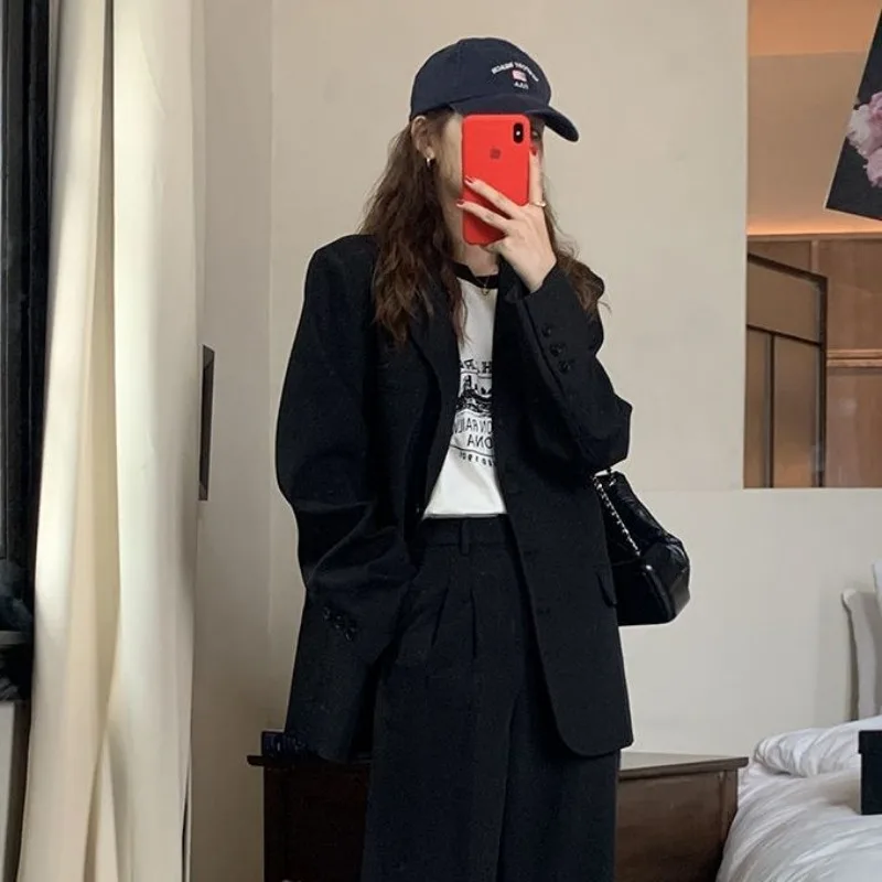 Blazer wanita lengan panjang Korea Chic Blazer hitam jaket musim semi musim gugur pakaian kantor wanita Single-breasted mantel longgar