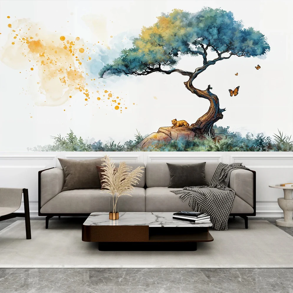 Nordic Custom Size Watercolor Tree Lion Butterfly Wallpaper Mural Abstract Ink Background Wall Covering Children Room Interior