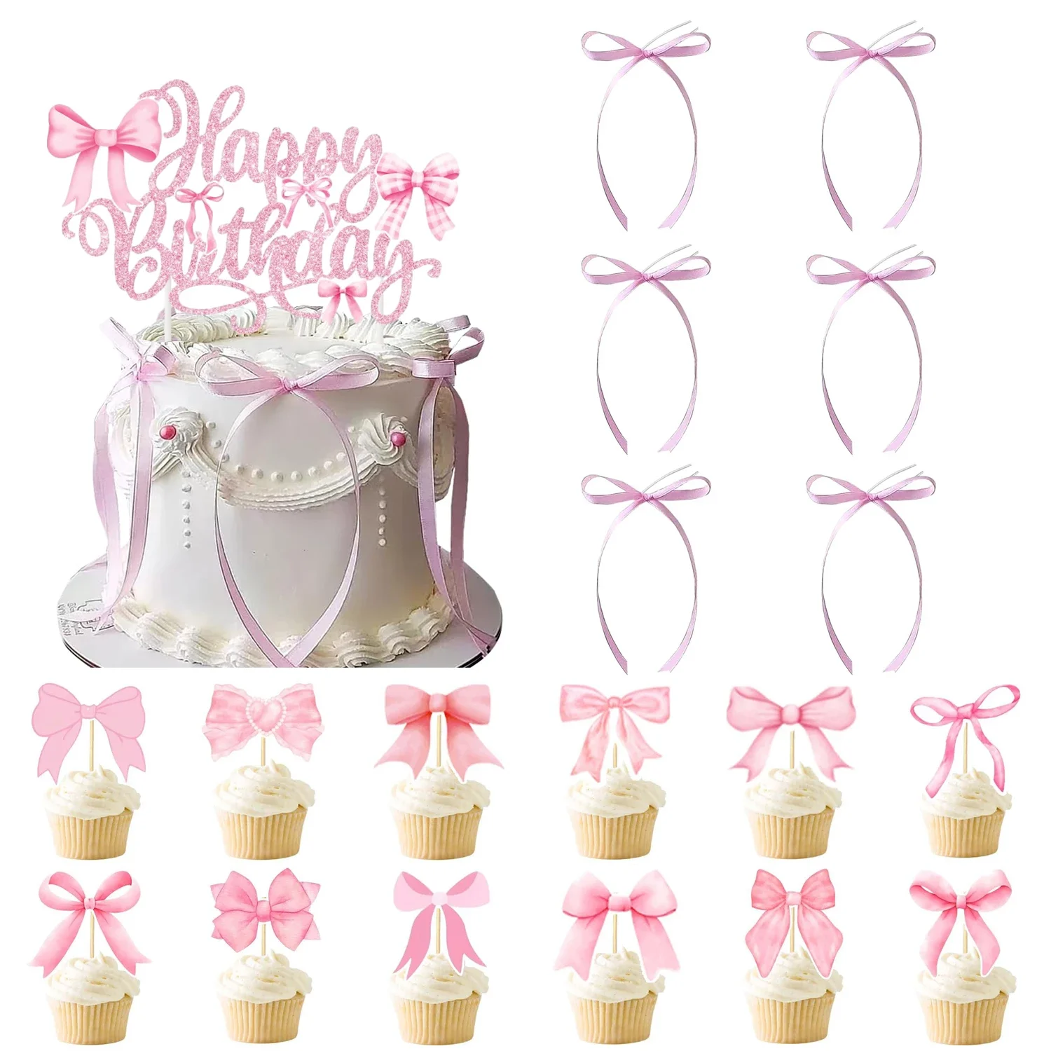 19 piezas de decoración de pastel con lazo, decoraciones de pastel con lazo negro, rosa y azul, adornos para magdalenas con lazo de feliz cumpleaños, tema de arco ﻿