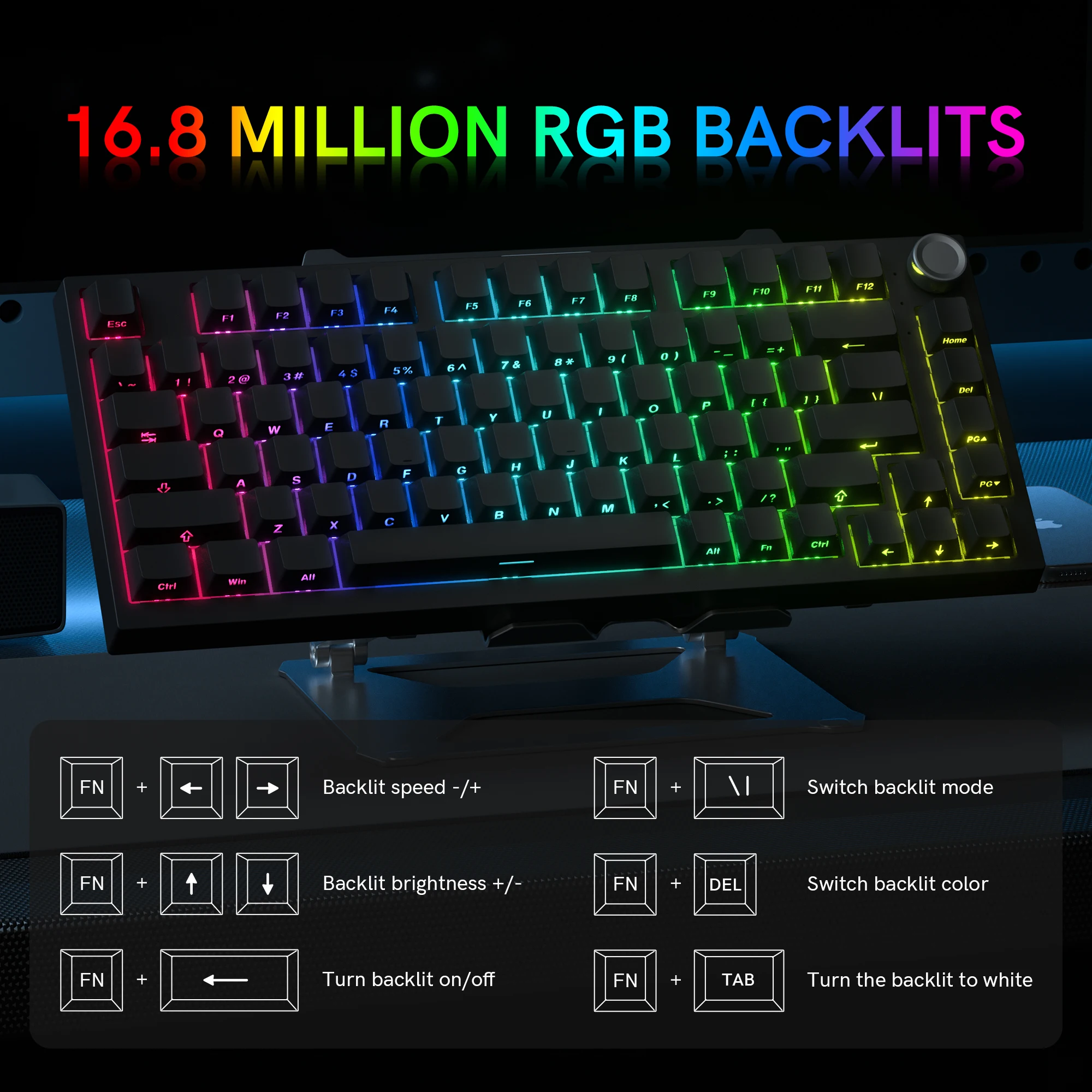 WK75 Black Multi-Media Knob 75% TKL Tri-Mode Wireless 2.4G Bluetooth Mechanical Keyboard Hot Swap Gamer Keyboard RGB Backlit