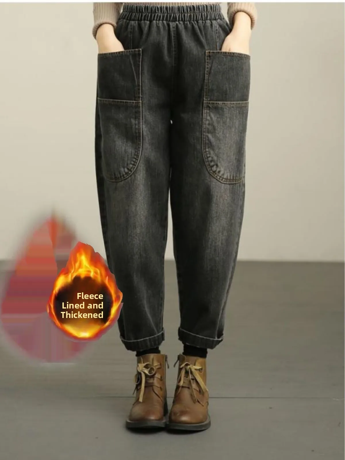 

Thiened Fce Women's Pants High Waist Loose Fit Harlan Trousers Autumn Winter New Sle Large Size Jeans Casual Long Pants