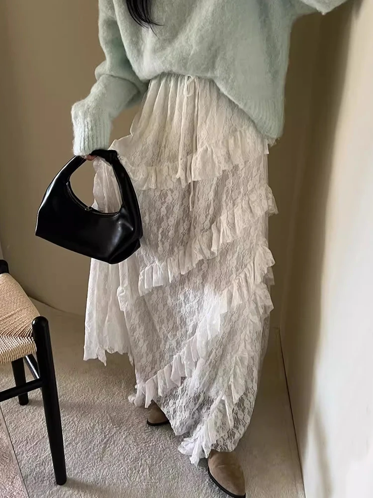 Chic Spring Sweet High Waist Lace Half Skirt Long Dress Women's Knot Splicing Irregular Hemline Commute Korean Style