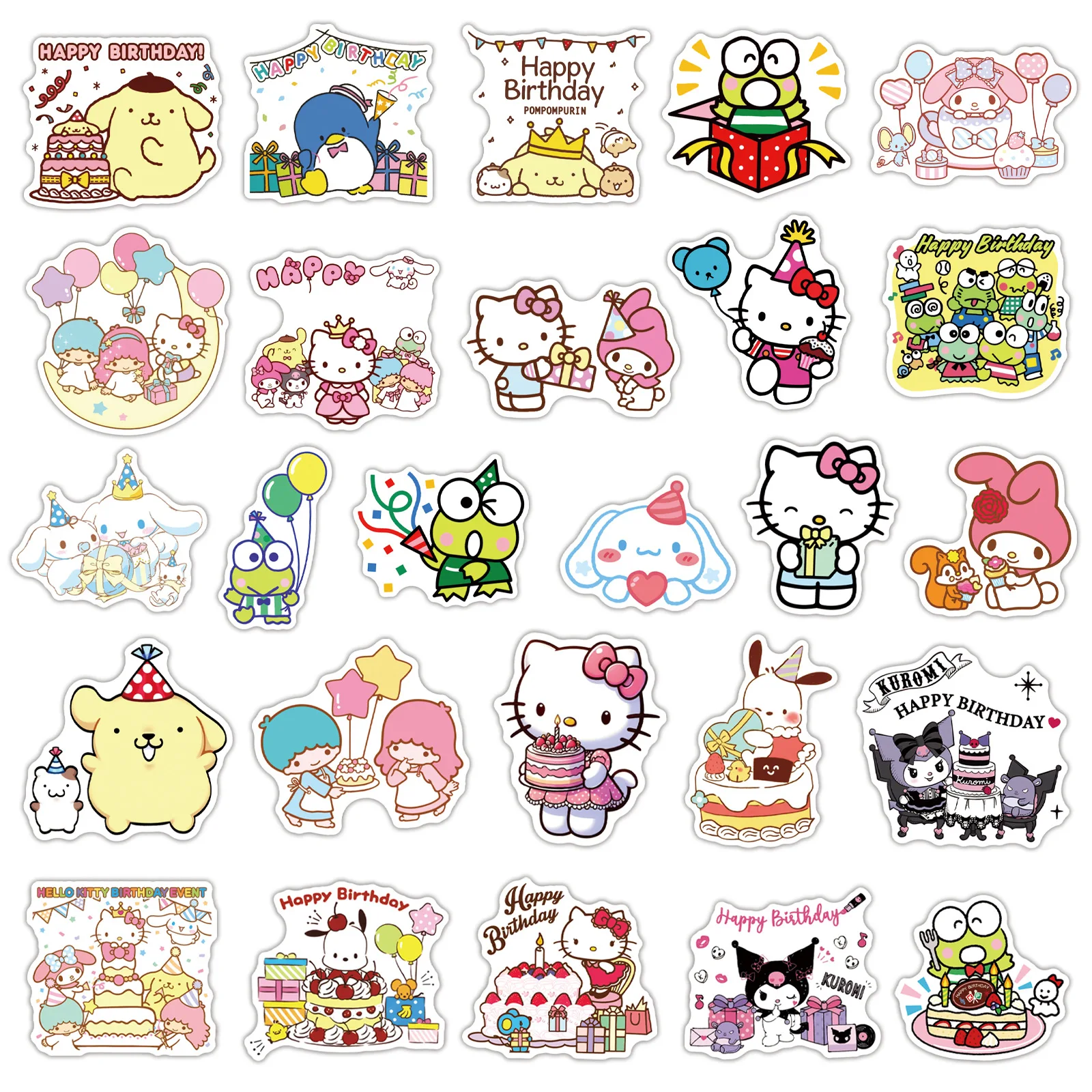 10/30/50 pçs sanrio feliz aniversário engraçado bonito olá kitty kuromi graffiti adesivos decorativos copo de água scrapbook mala decalque