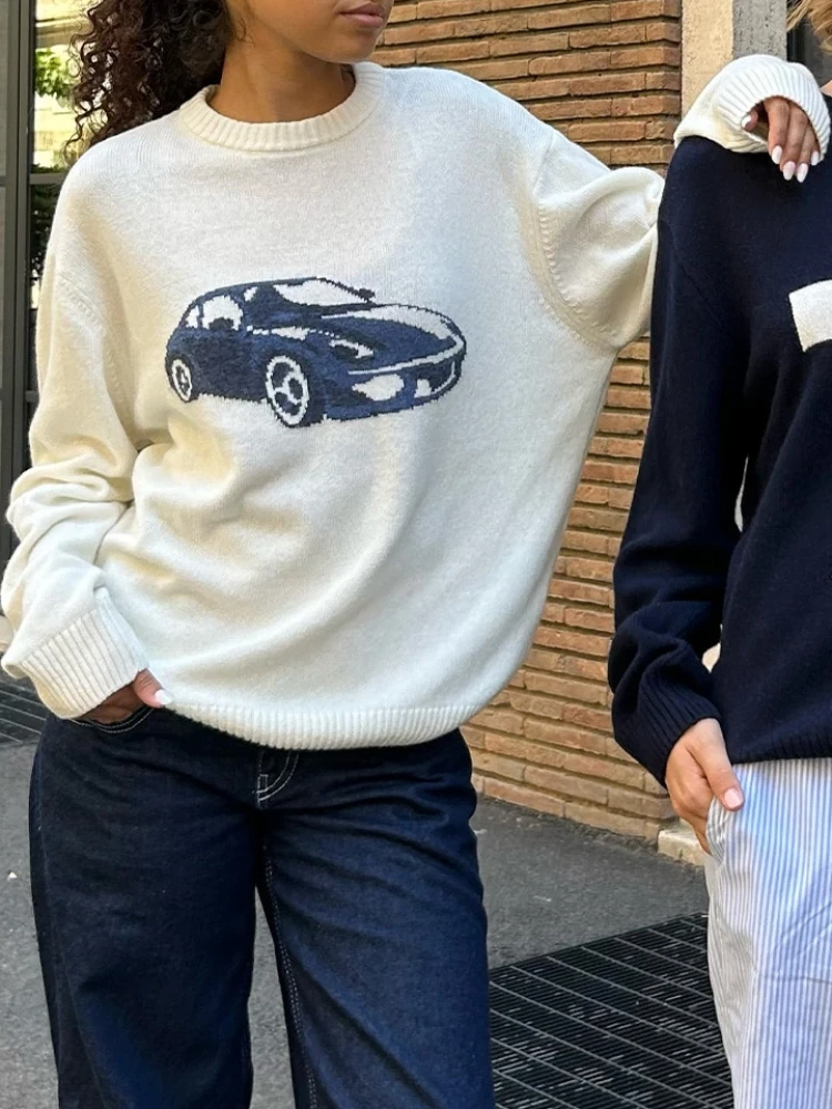 Elegant Sports Car Print Knitted Pullover Women Casual Round Neck Long Sleeves Warm Sweater New Autumn Lady Streetwear ﻿