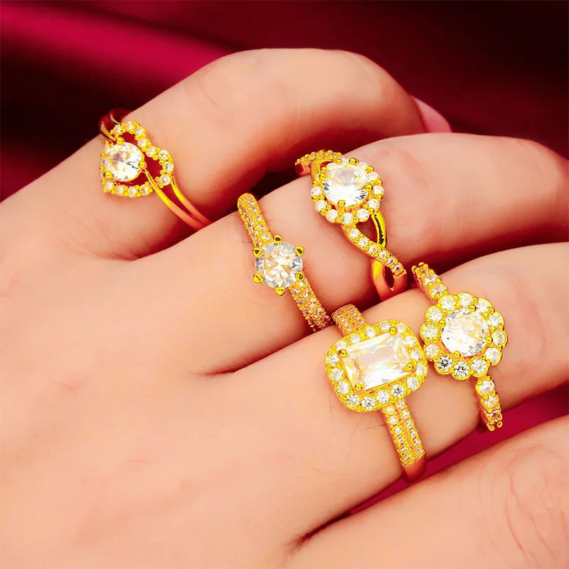 24K Gold AU999 White Diamond Ring Women's - Retro texture band, unique taste for couple dates