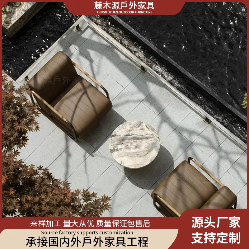 Outdoor Yacht-Style Leather Sofa, Patio Balcony Sofa, Blue-Toned Sofa, Villa Garden, Hotel, And Guesthouse Outdoor Furniture