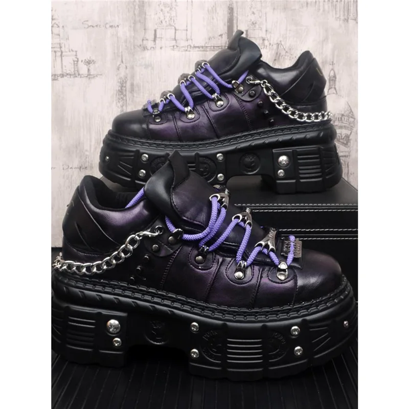 Metal Rivet Chain Women's Short Boots 2025 New Thick Sole Round Street Punk Rock Single Shoes Fashion Sports Casual Lace-Up Boot
