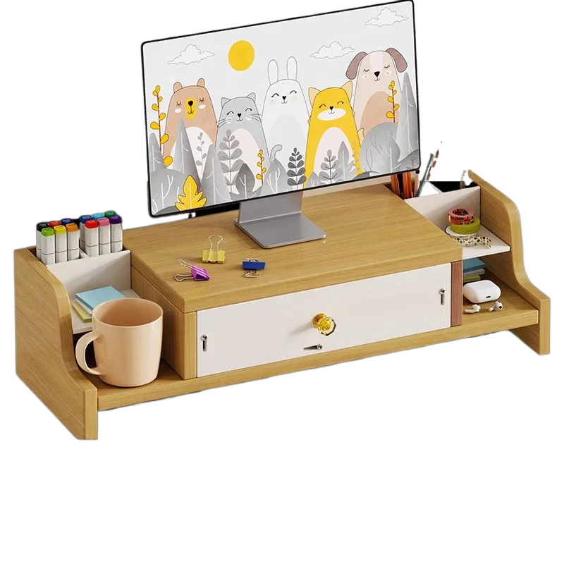 For Computer Heightening Rack with Drawers, Simple Office Lifting Rack, Desktop Wooden Storage Shelf