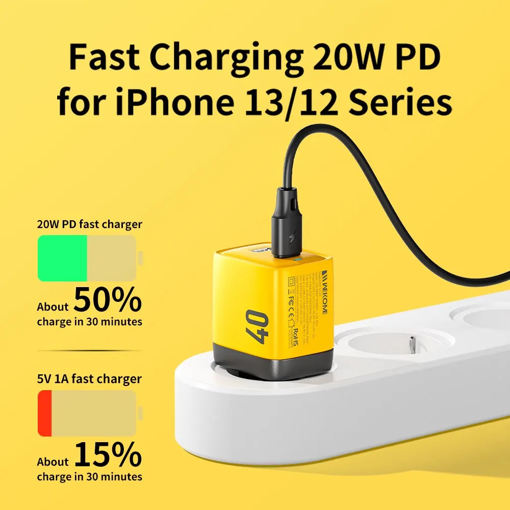 WEKOME USB Type C Chargeur 40W GaN Portable 20W USB C Chargeur Support Type C PD Charge Rapide Convient Pour IPhone, Samsung, Huawe