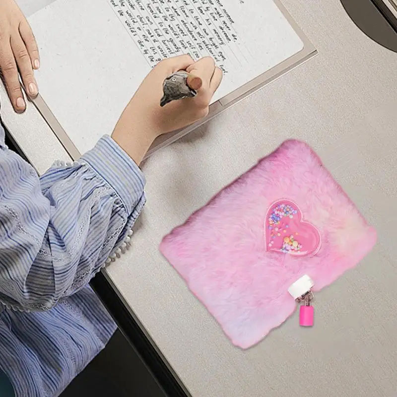 A6 Fluffy Journal with Lock Soft Fuzzy Diary Decorative Girls Heart Pattern Secret Notebook for School Office Supplies