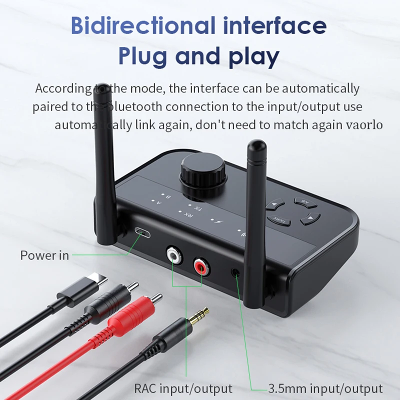 멀티포인트 블루투스 5.3 오디오 송신기 수신기, 3.5mm AUX 2 RCA 스테레오 음악 무선 어댑터, 자동차 TV PC 스피커용, 2-in-1