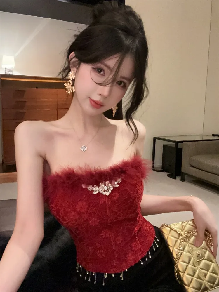 

Sexy Sweet Spicy Lace Print Design Feather Collar Tube Top Women's Autumn Winter Fur Inner Wear Outer Wear Wrap Chest