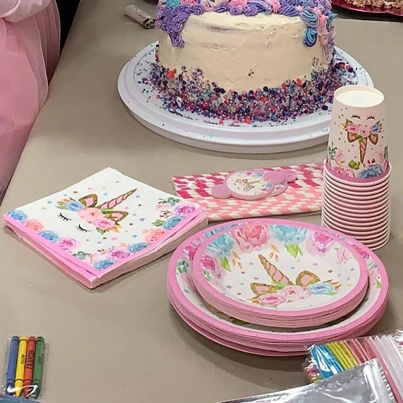Jednorożec materiały urodzinowe dziewczęcy zestaw jednorazowe zastawy stołowe jednorożca z talerzami serwetki baner Baby Shower artykuły na przyjęcia — zdjęcie 6