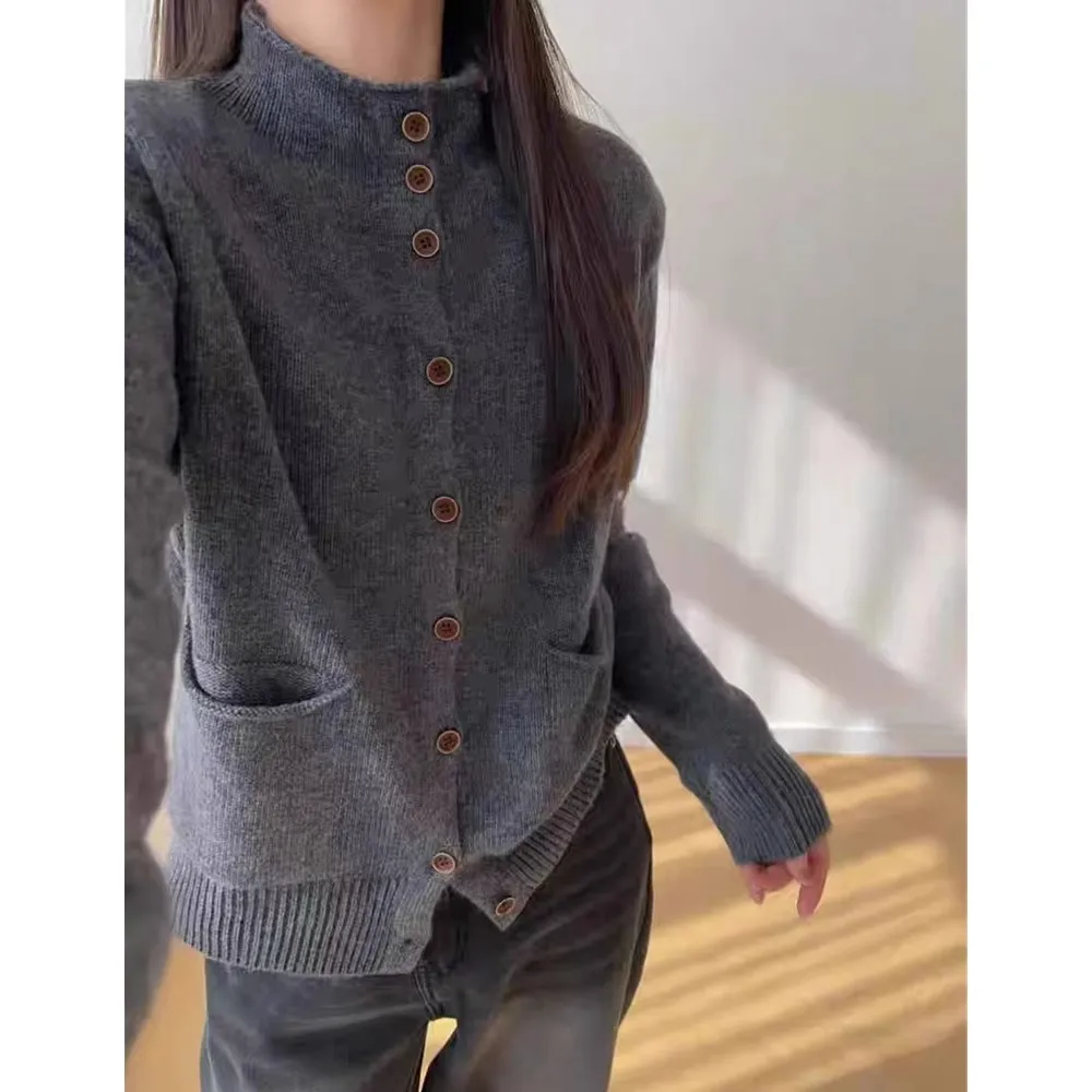 

High-neck cashmere knitted cardigan for women new loose and soft sweater for autumn and winter