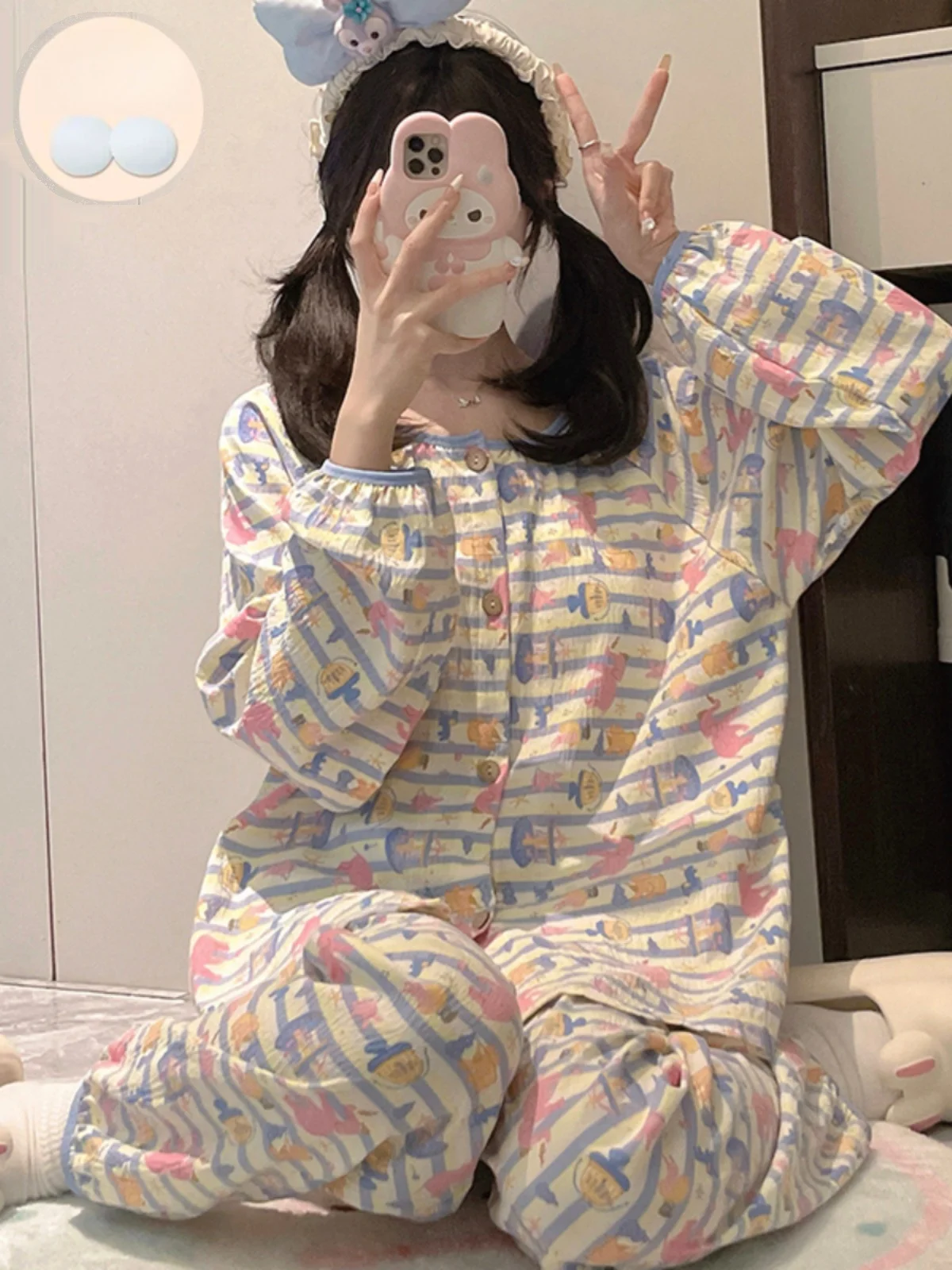 

Adorable round Neck Long Sleeve Cotton Padded Sleepwear Set Sweet Style Home Clothes Spring Autumn New Arrival for Youth