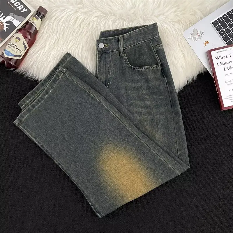 Celana Jeans Pria Vintage Gradasi High Street 2025 Musim Semi Gugur Gaya Amerika Longgar Lurus Dicuci Distressed Lebar