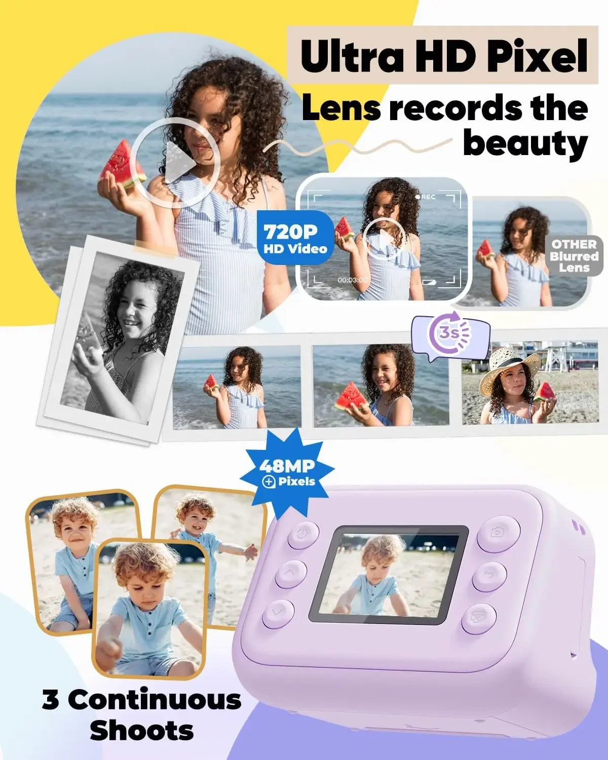 子供用デジタルカメラ おもちゃ HDレンズ 2.0インチスクリーン ズーム機能付き 32GB 内蔵バッテリー 誕生日プレゼント フェスティバルギフト 旅行用自撮り キッズ インスタントプリントカメラ