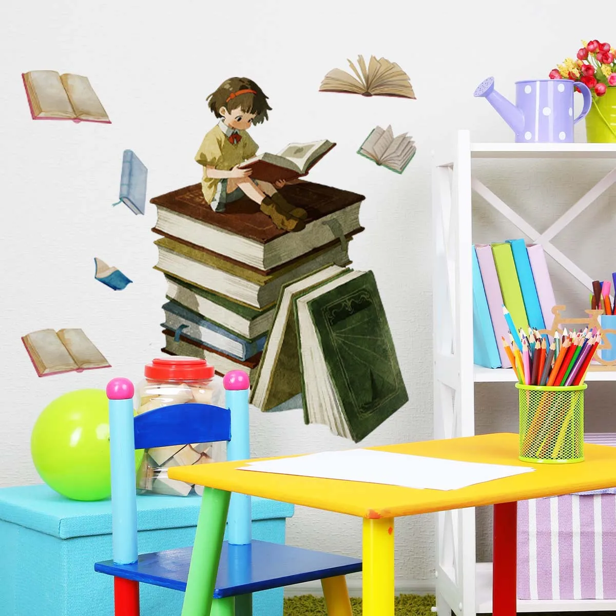 

Cartoon Reading Girl Wall Decals - Hand-Drawn Book Lover Stickers for Kids' Room & Bedroom