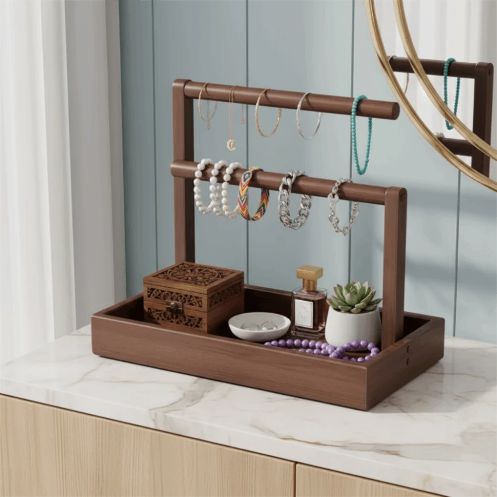 Solid Wood Jewelry Stand Large Size Retro Style Ring Earring Necklace Display With Hook Multi-Layer Design Jewellery Organizer