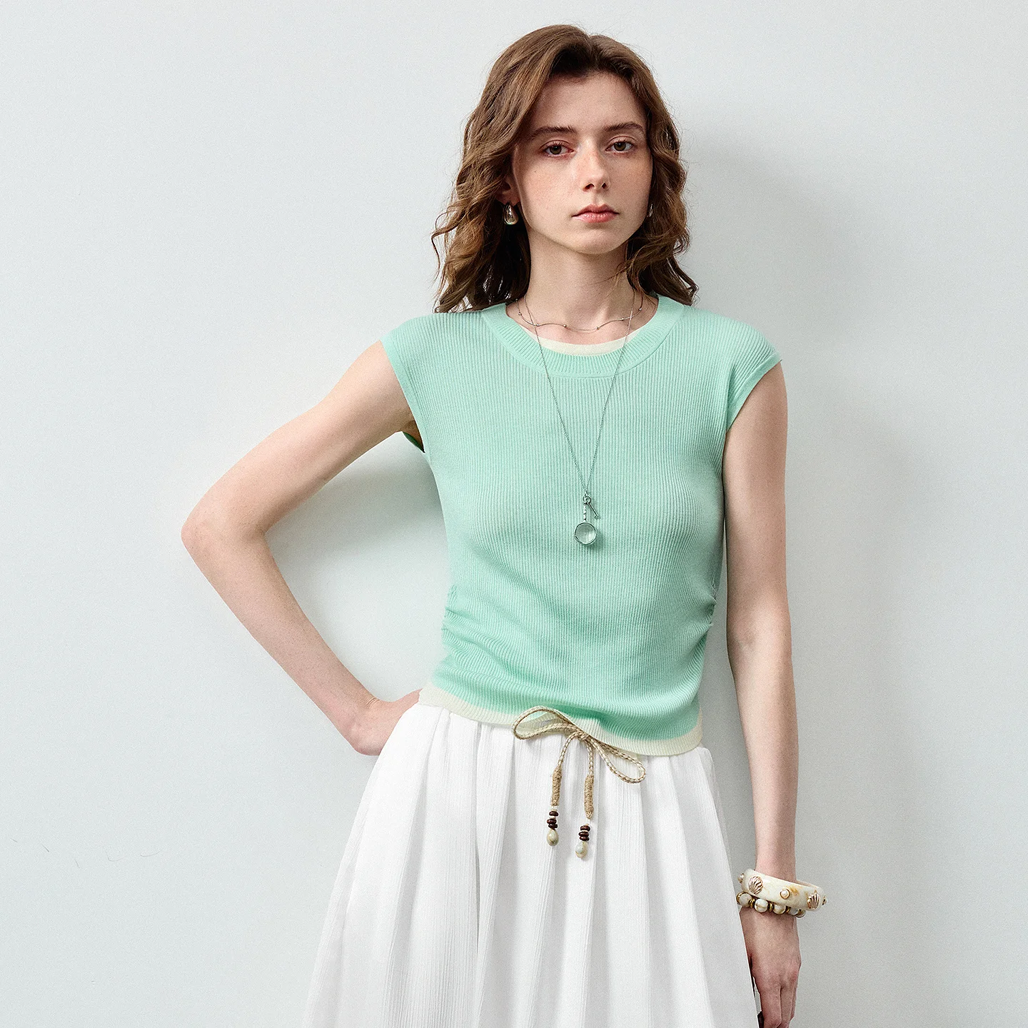 TOYOUTH Women Lyocell Knitwear 2026 Summer New Two-Piece Color Block Slim Wide Shoulder Sleeveless Pullover Tops
