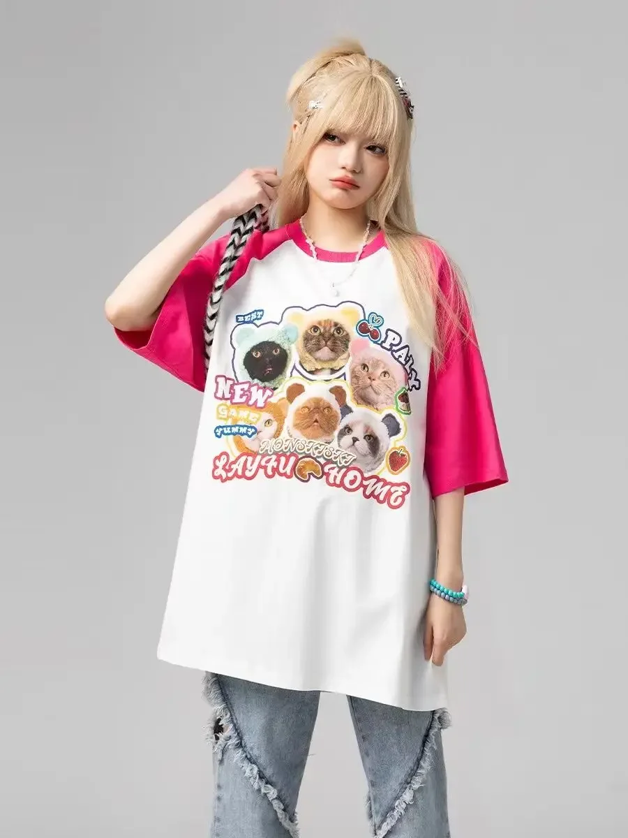 Funny Cartoon Cart Print Tees shirts Contrast Color Short Sleeve Y2k Tops O Neck Ropa Mujer 2023 Summer New Kawaii T Shirt woman