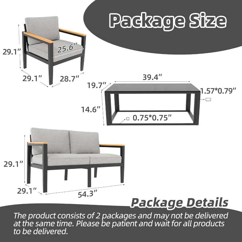 Furniture Set,4 Piece Patio Conversation Sets,Removable & Washable Cushion,Ink Color Tempered Glass Table Light Grey