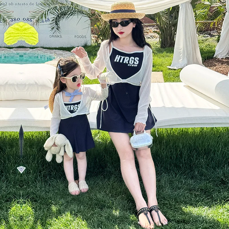 

Parent Child Swimsuits Kid Long Sleeves Top+Dress Bottom Child Swimming Suit Toddler Bathing Wear Little Child Swimming Set 2-9Y