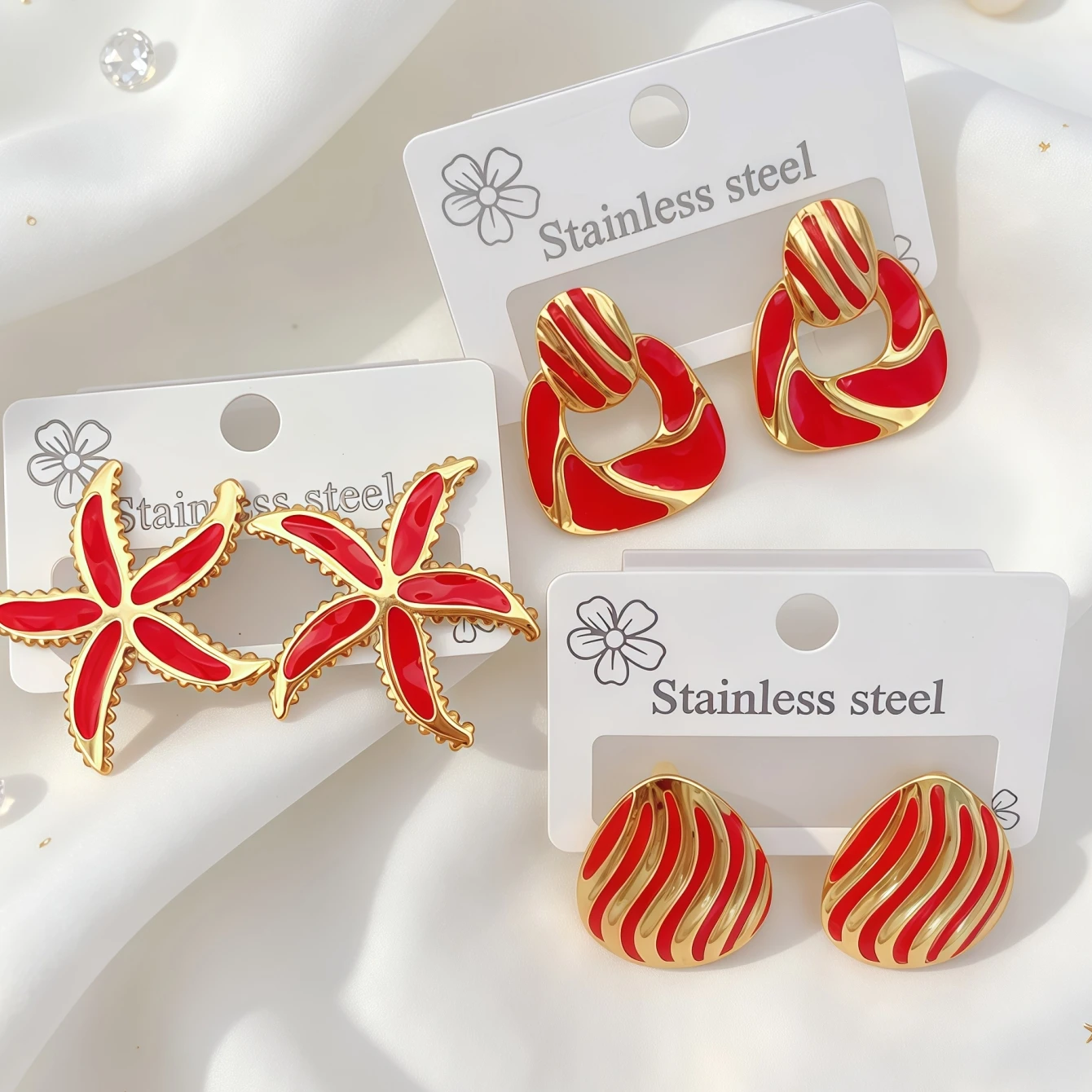 3Pairs Fashion Elegant Red Dripping Oil Stainless Steel Earrings Mix Style Trendy Geometry Shell Star Jewelry Party Gifts