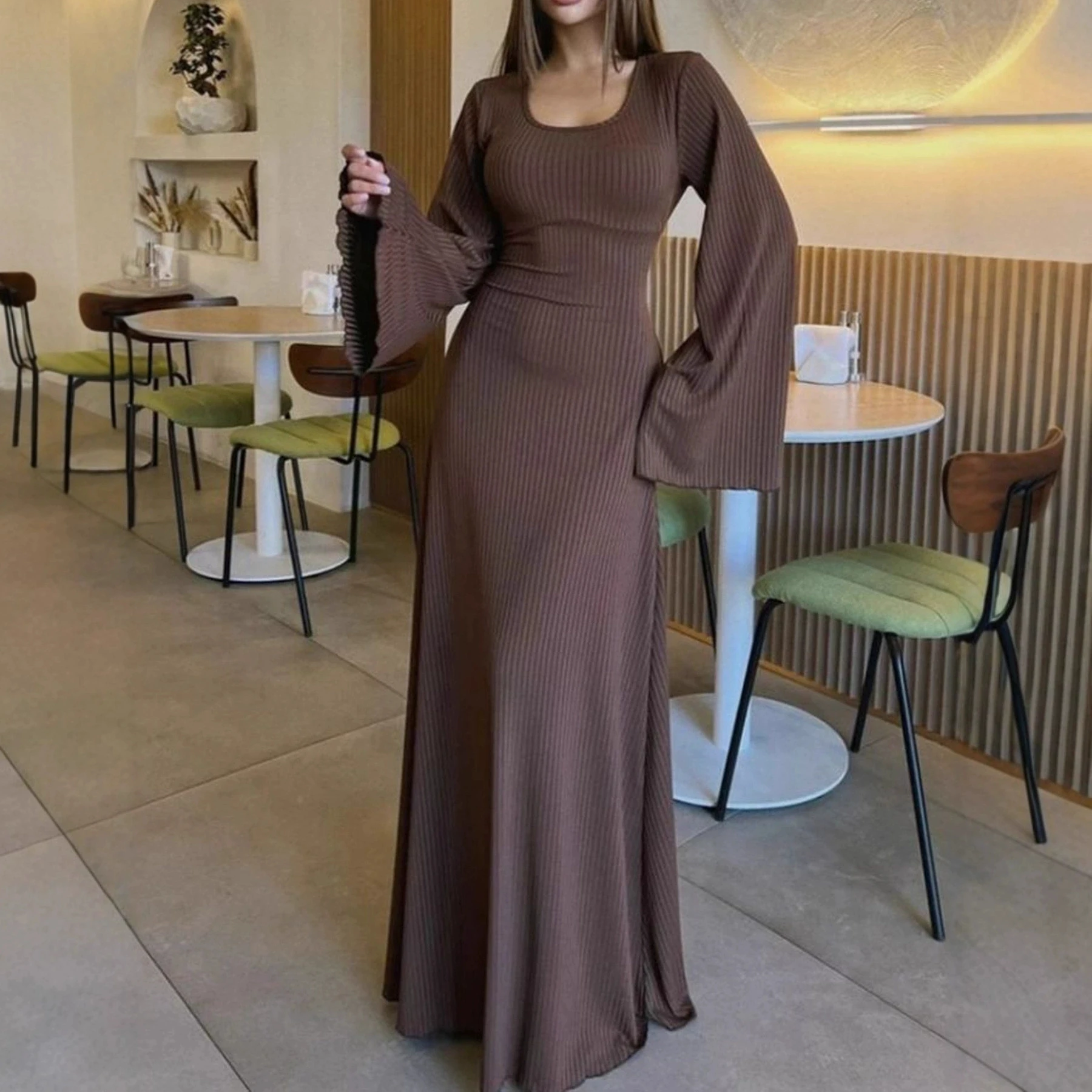 Vestidos de manga larga de Color liso para mujer, ropa de calle informal para primavera y otoño, vestido Maxi elegante para mujer, vestido con tirantes con cordones en la espalda