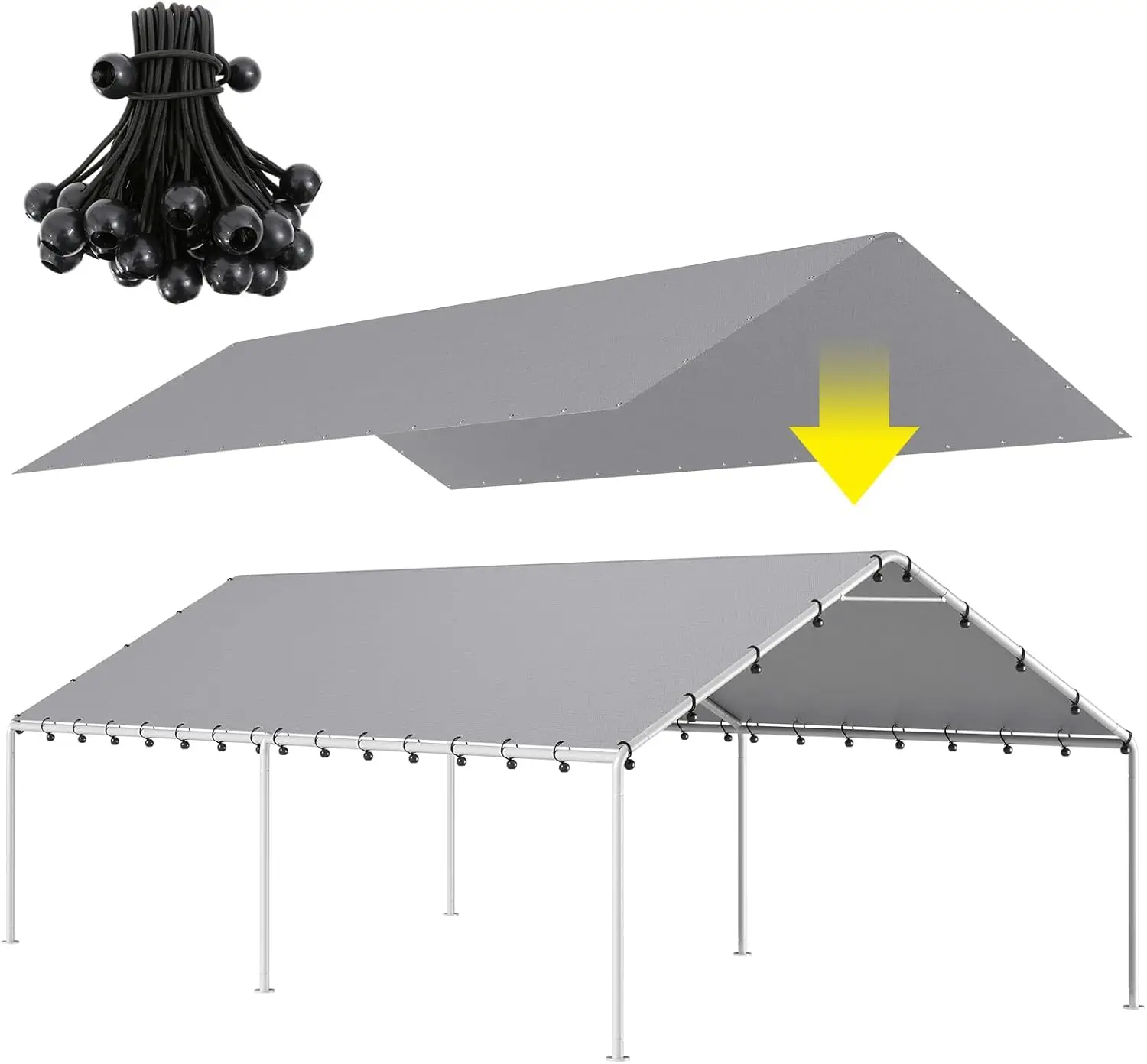 

10 x 20 Ft Carport,Replacement Canopy Cover Garage Top Tent Shelter Tarp,Grey with 48 Ball Bungee Cords Waterproof & UV Prote