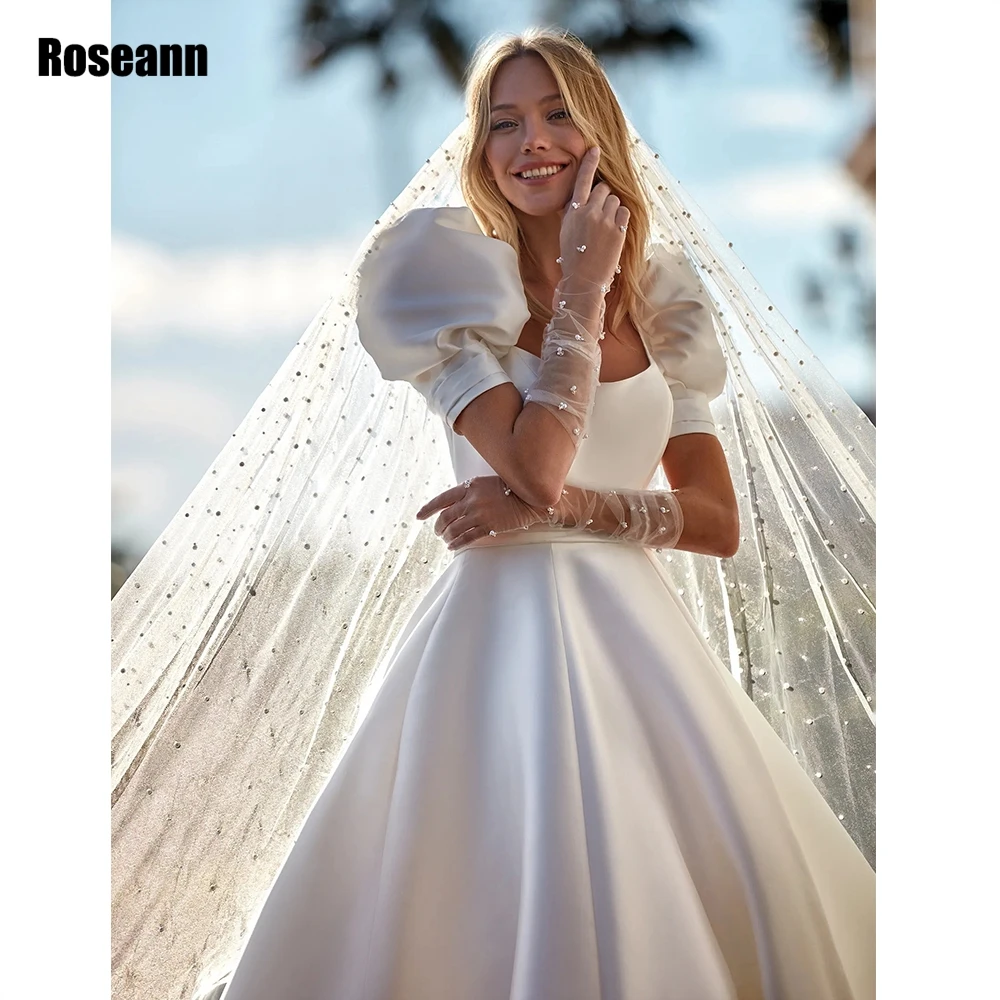 Robe de Mariée Simple en Satin, Col Carré, Manches Bouffantes, Élégante, Fermeture Éclair au Dos, Ligne A, pour Princesse, 2024