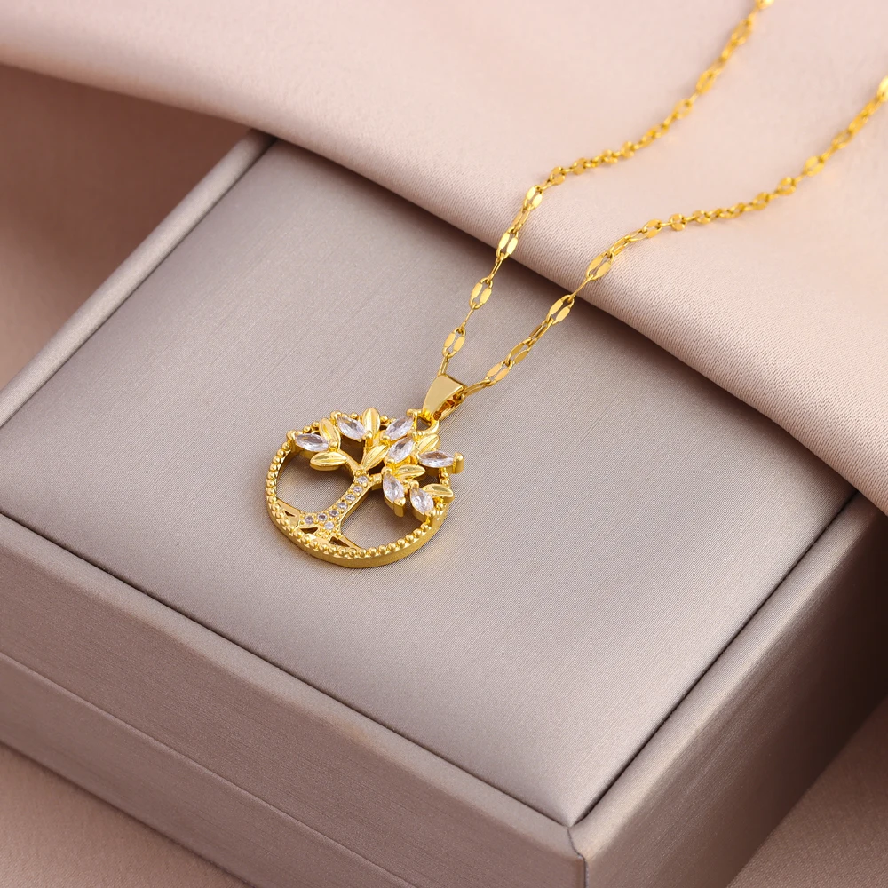 New In Fashion Zircon Life Tree Pendant Necklace For Women Female Daily Wear Stainless Steel Clavicle Chain Jewelry Wholesale