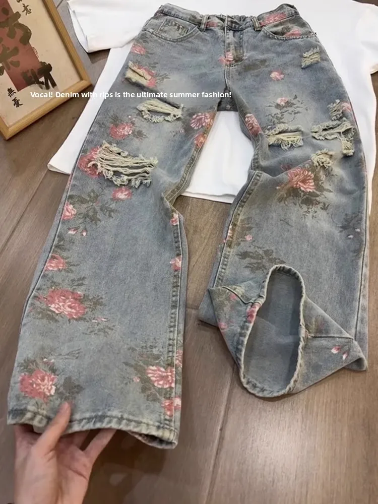 

Retro High Street Men's Jeans Trendy Hole Straight Leg Pants Slimming Print American Vibe Casual Wear Resistant Summer Jeans